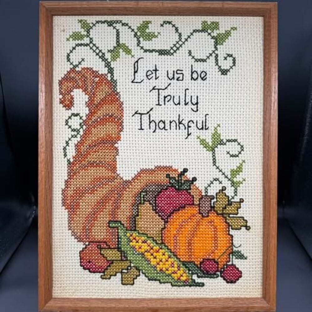 Vintage Handmade Cornucopia Cross-Stitch Wall Decor